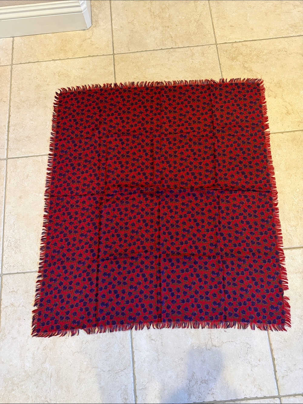 Red and Navy Floral Fringe Scarf